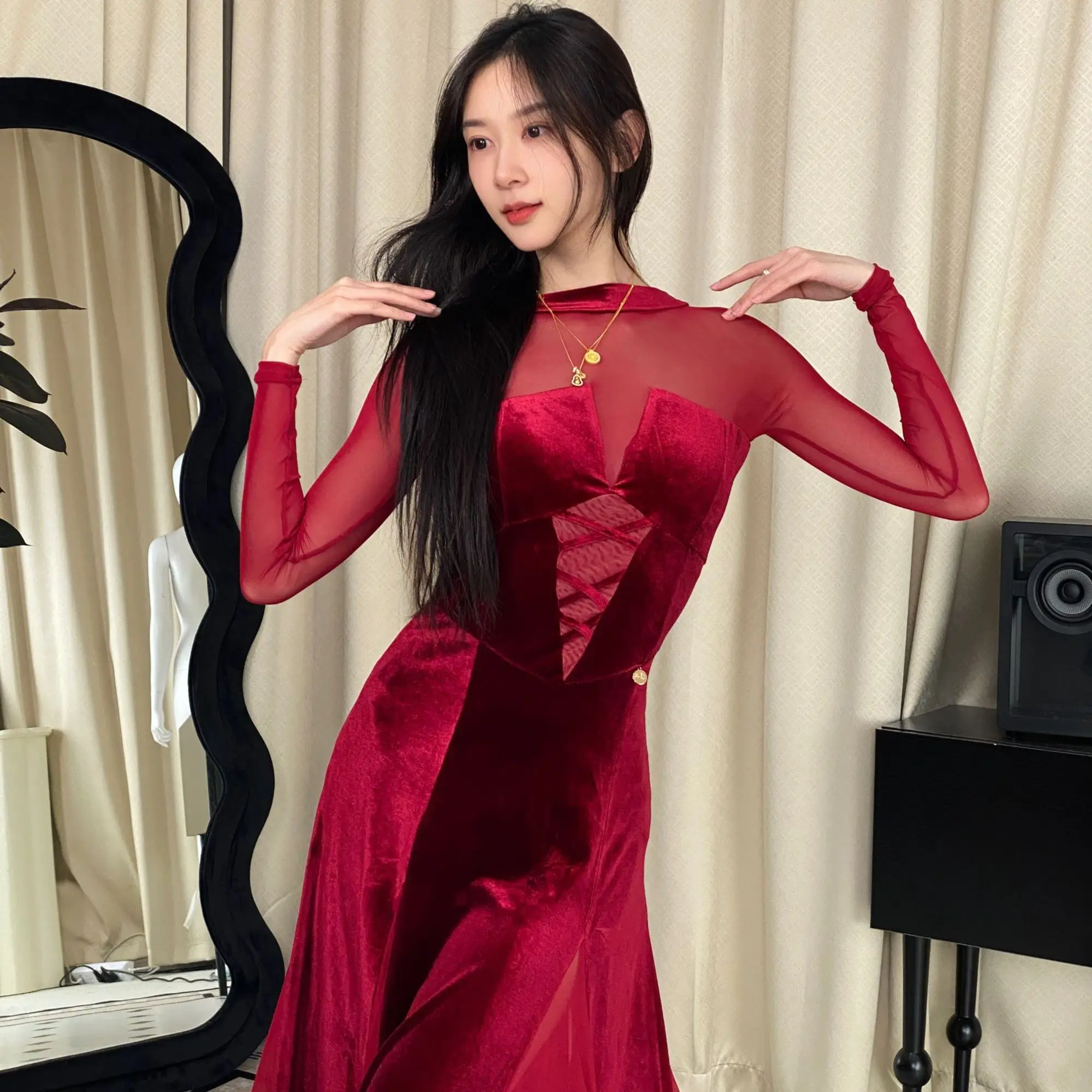 Ropa de actuación de baile de vals Sexy de terciopelo de malla para mujer, vestido de baile de zorro Trot, vestido de competición de baile de salón