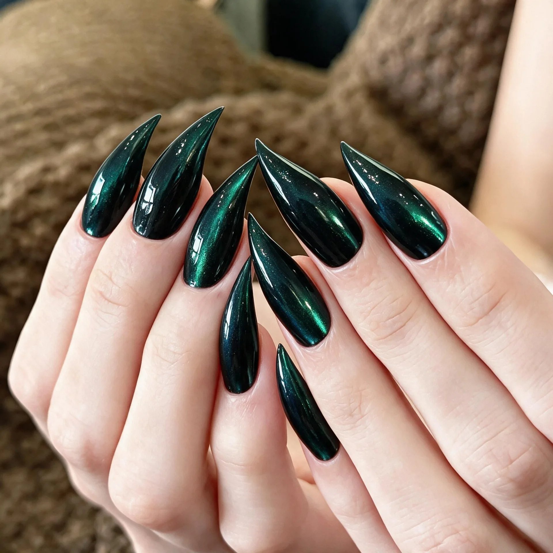 30pcs Dragon Claw Press on Nails Dark Green Cat Eye Metallic Shimmer Glossy False Nail Long Point Full Cover Nail Tips for Women