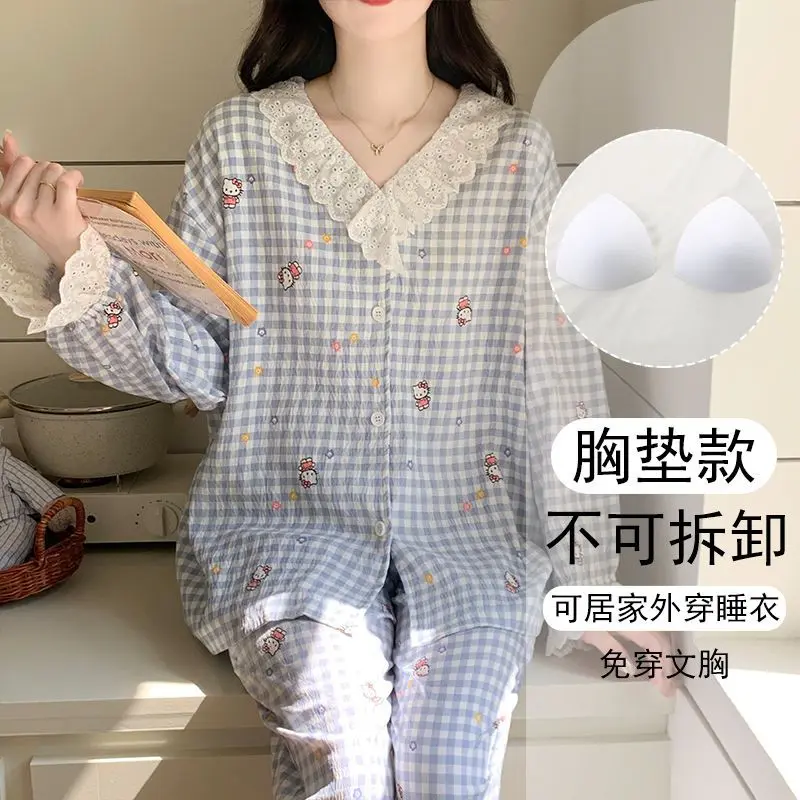

Sanrio Hello Kitty Women's Cloud Cotton Pajamas Set Long Sleeve Built-in Bra Sexy Spring Autumn Student Home Cozy Sleepwear