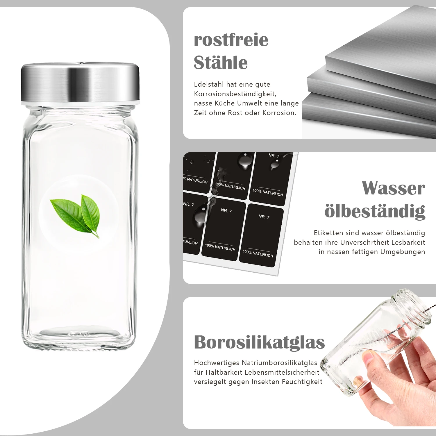 24/35 Stück quadratische Gewürzgläser mit Edelstahldeckeln, 120 ml Gewürzbehälter-Set mit Trichter und Etiketten, Gewürz-Organizer-Aufbewahrung – Detail 2