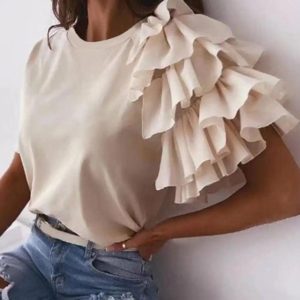 Casual Female T-shirt O-neck Anti Pilling Stretchy Breathable Women Top Layered Ruffle Short Sleeve Lady Shirt Blouse Streetwear