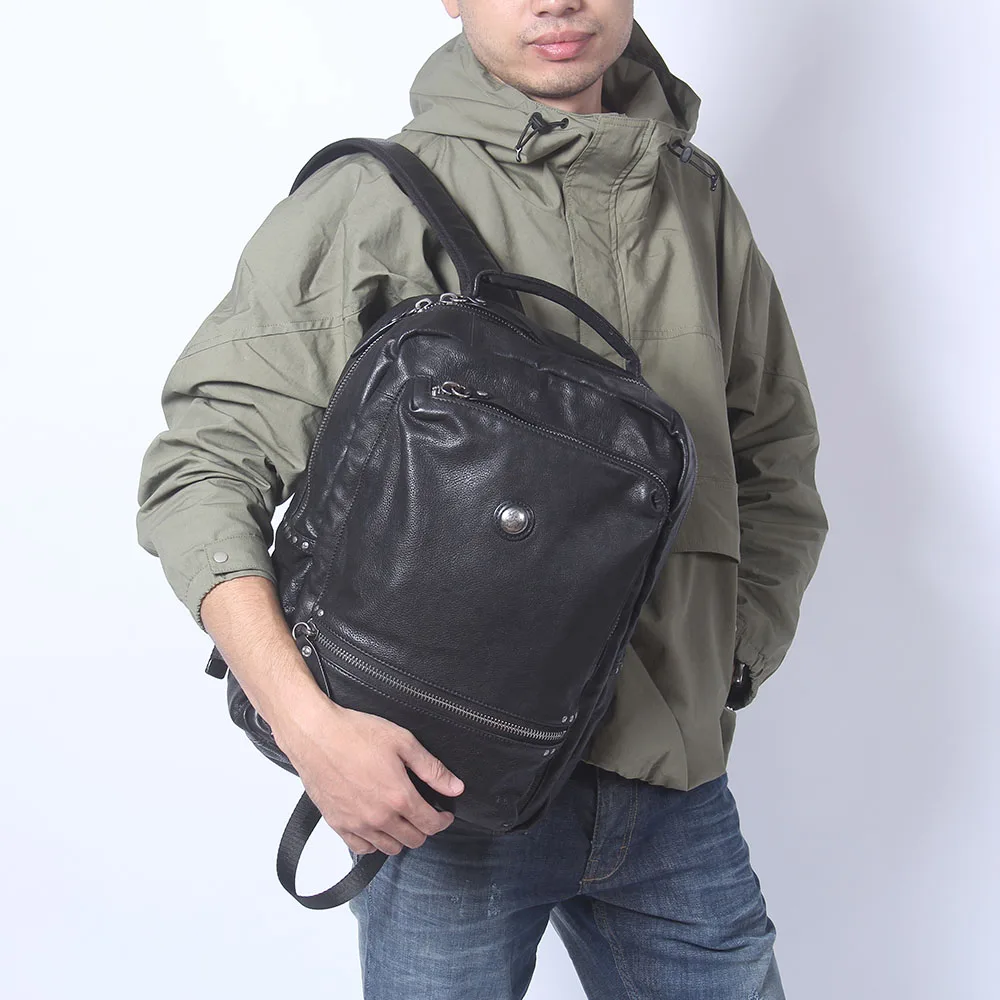 S.WORKER Lässiger Rucksack aus echtem Rindsleder, Herren-Laptop-Rucksack, Tagesrucksack mit großer Kapazität, Reisetasche, Schultasche – Detail 5
