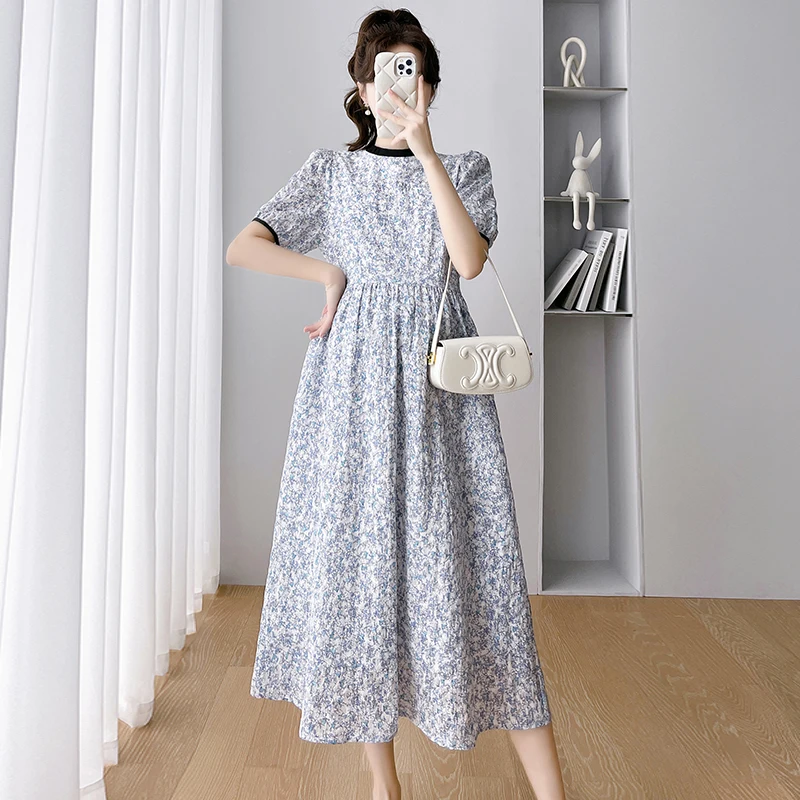 

Vintage Blue Floral Dress for Maternity Summer Short Sleeve O-Neck High Waist Pregnant Women's Chiffon Dress Pregnancy Clothes