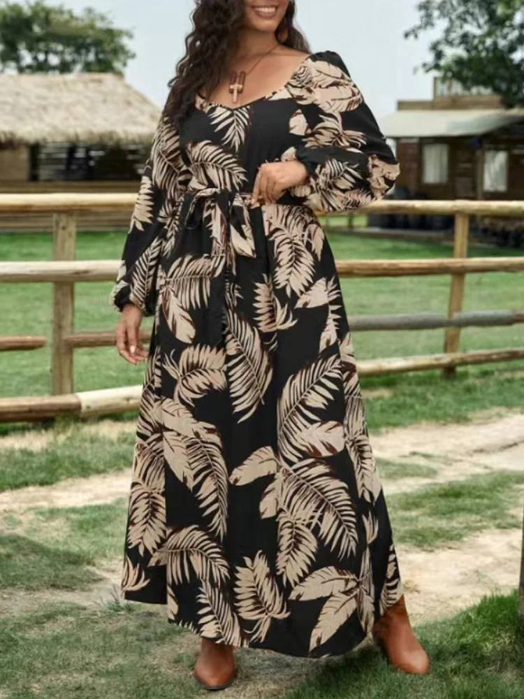 GIBSIE Plus Size 2024 Autumn New Tropical Print Belted Dress Women Vintage Sweetheart Neck Lantern Sleeve A-line Maxi Dresses