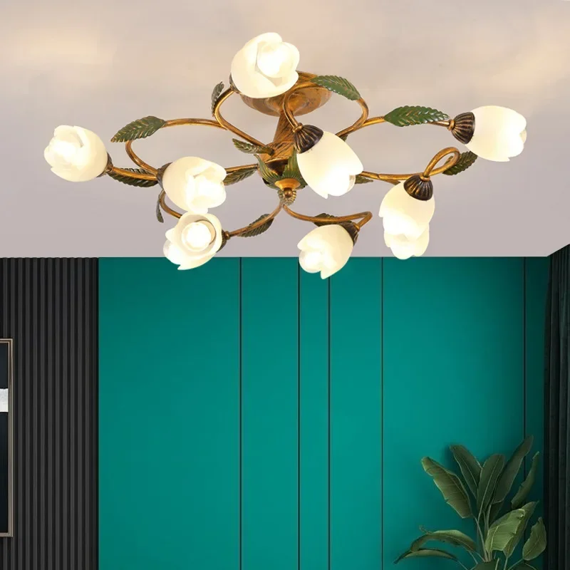 

2026 for French Retro Ceiling Lamp Luxury Creative Floral Plant Design LED Light for Home Bedroom Restaurant Living