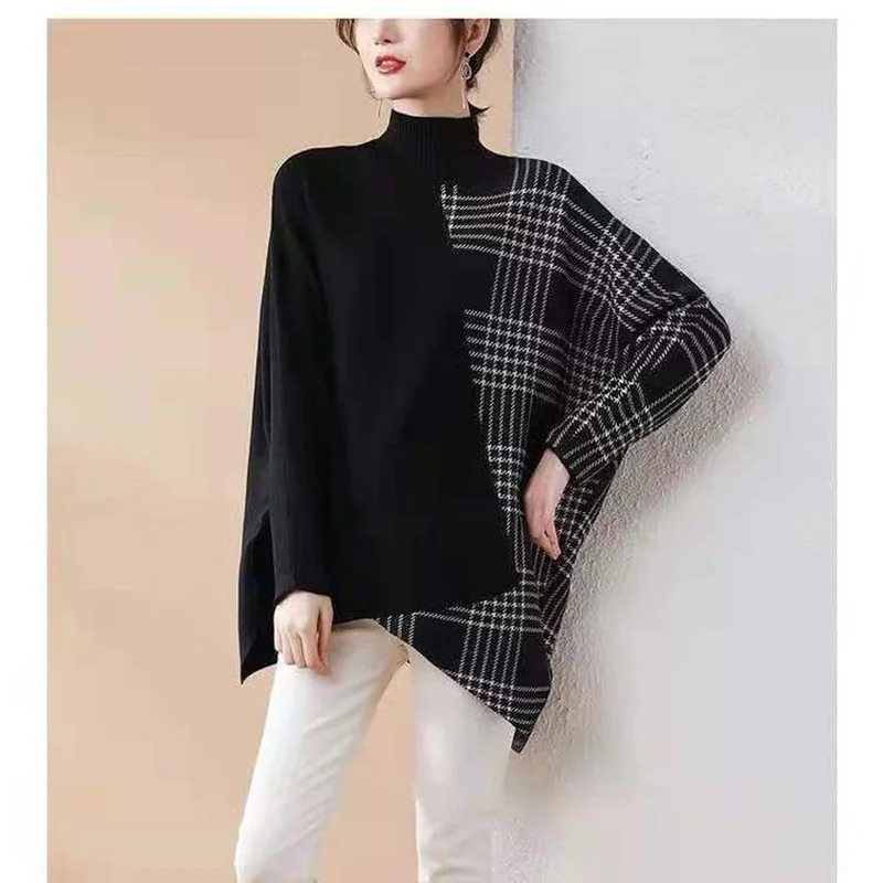 Fashion Turtleneck Spliced Plaid Batwing Sleeve Asymmetrical Sweater Women Clothing 2024 Autumn Casual Pullovers Irregular Tops