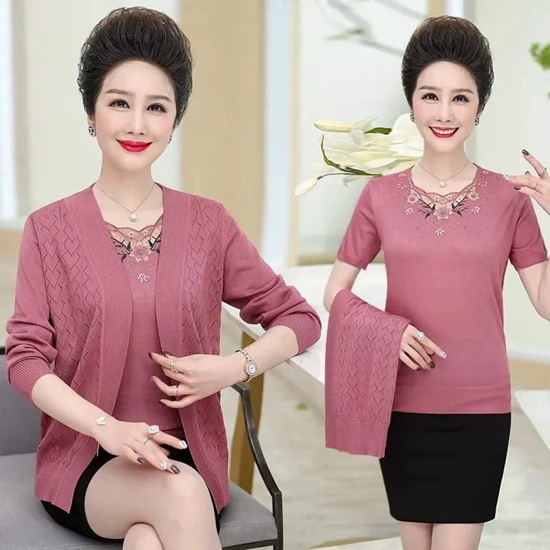 Mom Spring and Autumn New Knitted Cardigan Thin Sweater Coat Middle Old Age Women Summer Short Sleeve Two Piece Set High Quality