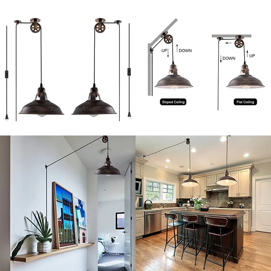 

Plug in Pendant Light Industrial Pulley Pendant Lamp E26 Vintage Hanging Light Fixture With 16.4ft Cord On/Off Switch For Pool