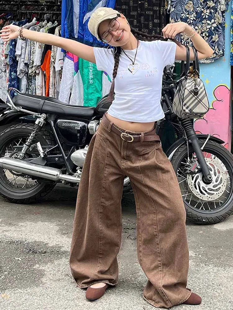 BKQU American Style Vintage Brown Jeans Women Streetwear High Waist Baggy Wide Leg Denim Pants Y2K Casual Harajuku 2000s Trouser
