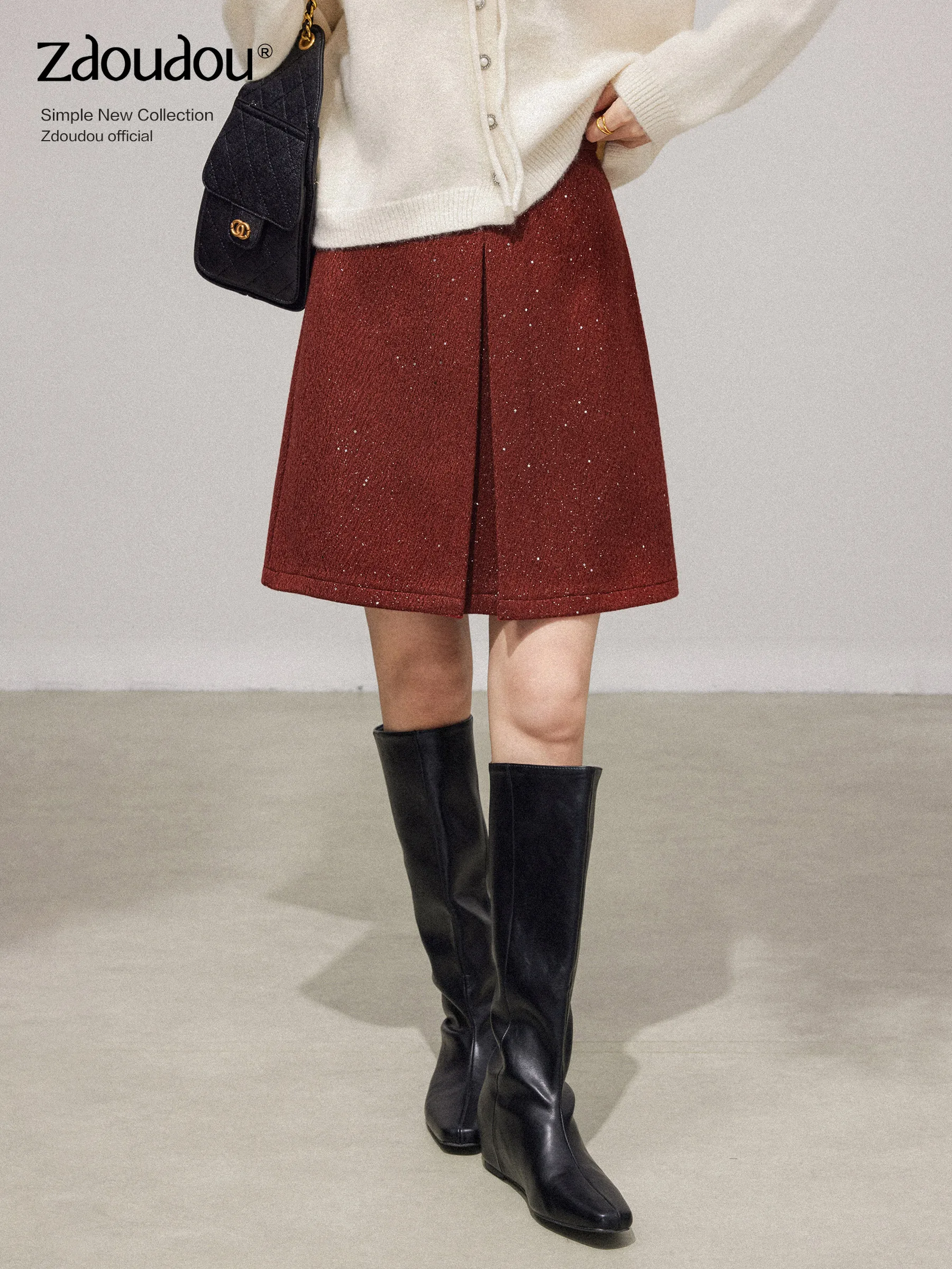 

Red Sequin High Waist A-Line Skirt Women's Autumn Winter New Year's Warrobe Slimming Skirts Casual High Waist Design