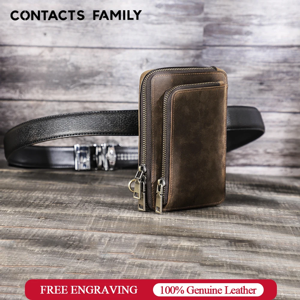 CONTACT'S FAMILY Phone Bag Waist Pouch Bag For iPhone 16 15 14 Pro Max Genuine Leather Card Holder Pockets Small Bags For Traval