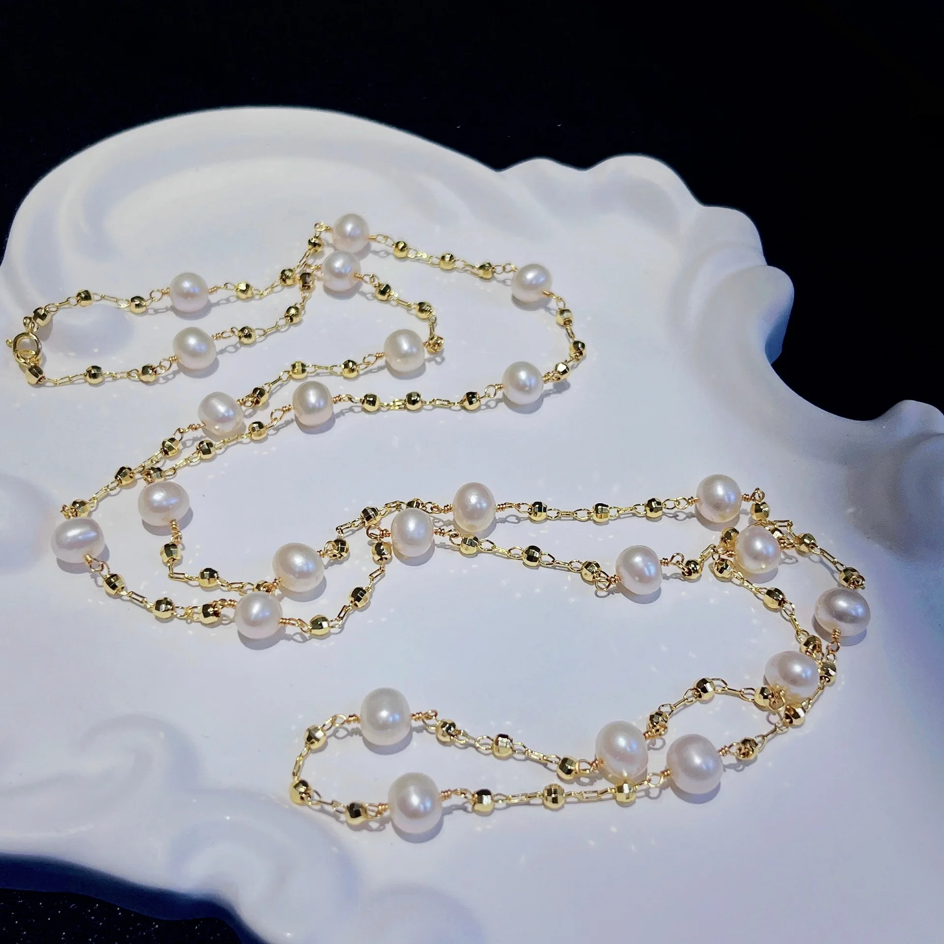 

Natural Freshwater Pearl Starry Sky Long Necklace - 14K Gold Filled Laser Ball Sweater Chain for Women