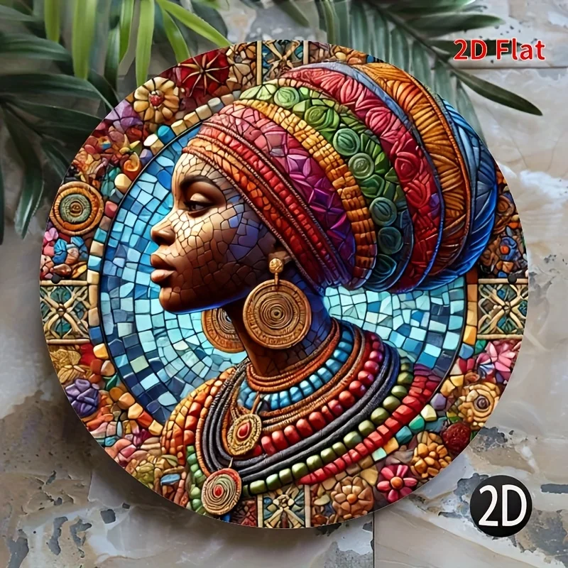 1pc African Women's Mosaic Metal Wall Art - 8x8 Inch Round Aluminum Signage with African Patterns, Waterproof &, Pre-Drilled Hol