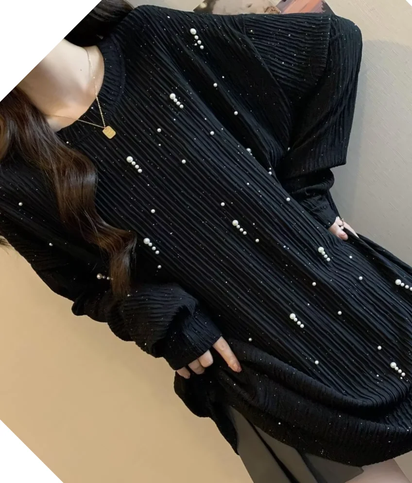 Plus-size Women's Autumn And Winter New Pure Color Loose Slimming Textured Bead-embellished Long-sleeve T-shirt