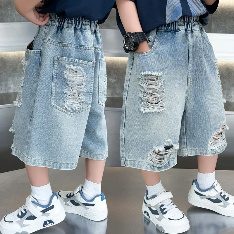 Kids Summer Ripped Denim Shorts with Holes for Tween Boys Casual Blue Knee Length Jeans Child Comfortable Cotton Broken Shorts