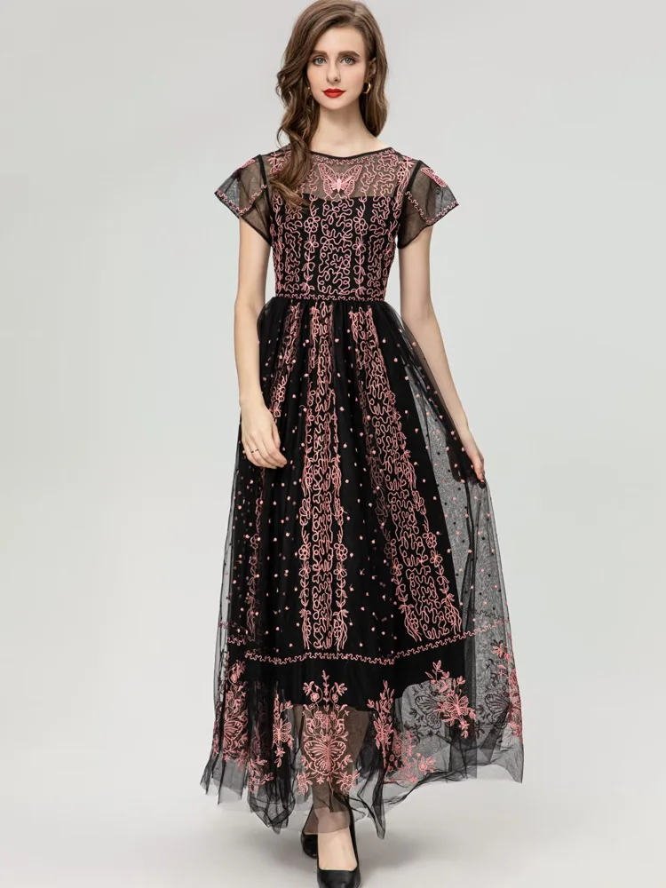 

Fashion Elegant Runway Long Dress Women O-Neck Short Sleeve Mesh Embroidery Vestidos Party Holiday Expansion