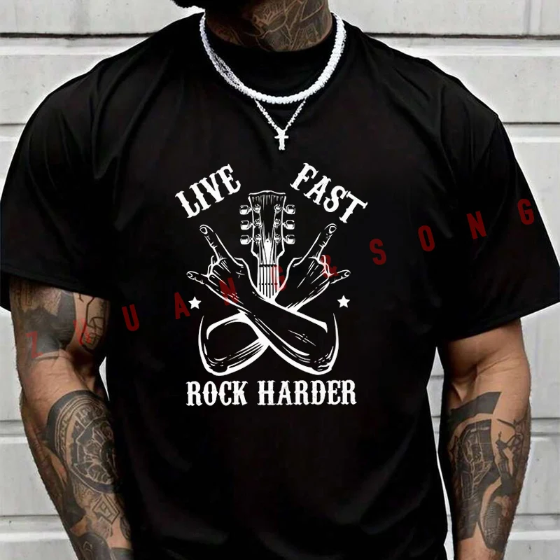 

2026 Men T-Shirt Live Fast Rock Harder TShirt Vintage Clothes Plain Mens Funny T Shirts Casual Clothing Harajuku