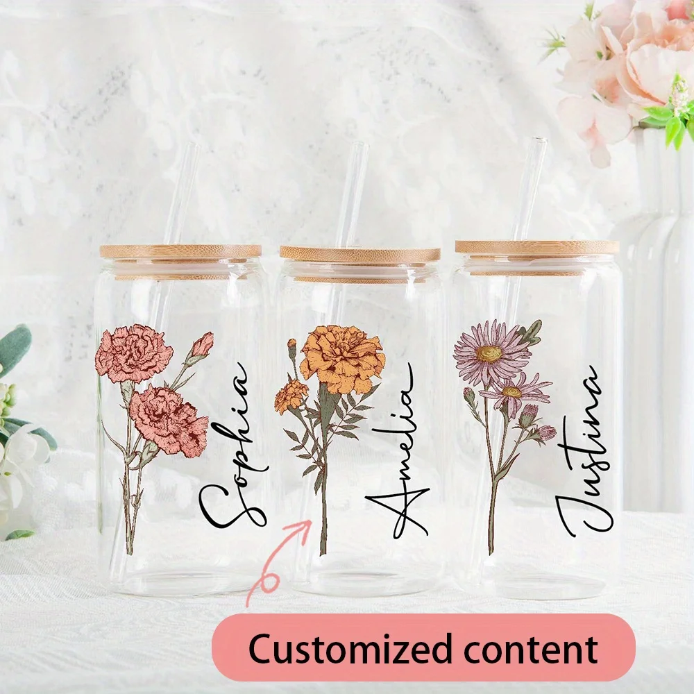 Custom Birth Flower Carnation Glass Can Cup with Bamboo Lid & Straw,Personalized Name Iced Coffee Glass Tumbler Custom Gift.