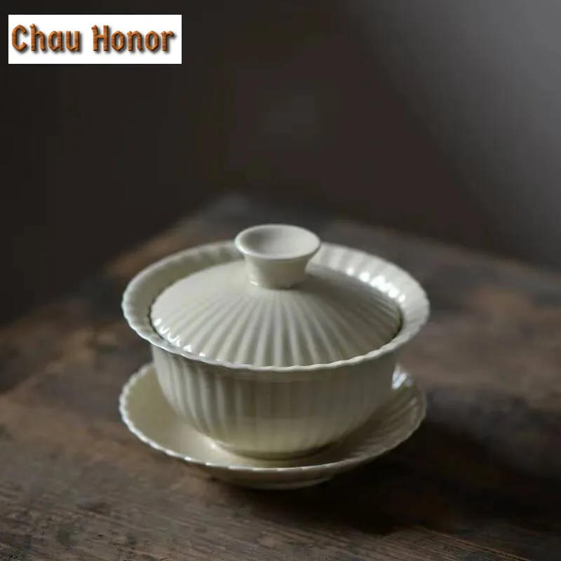 

160ml Antique Chrysanthemum Petal Gaiwan Aesthetic Cup Saucer Tea Tureen Household Tea Maker Cover Bowl Drinkware Collection