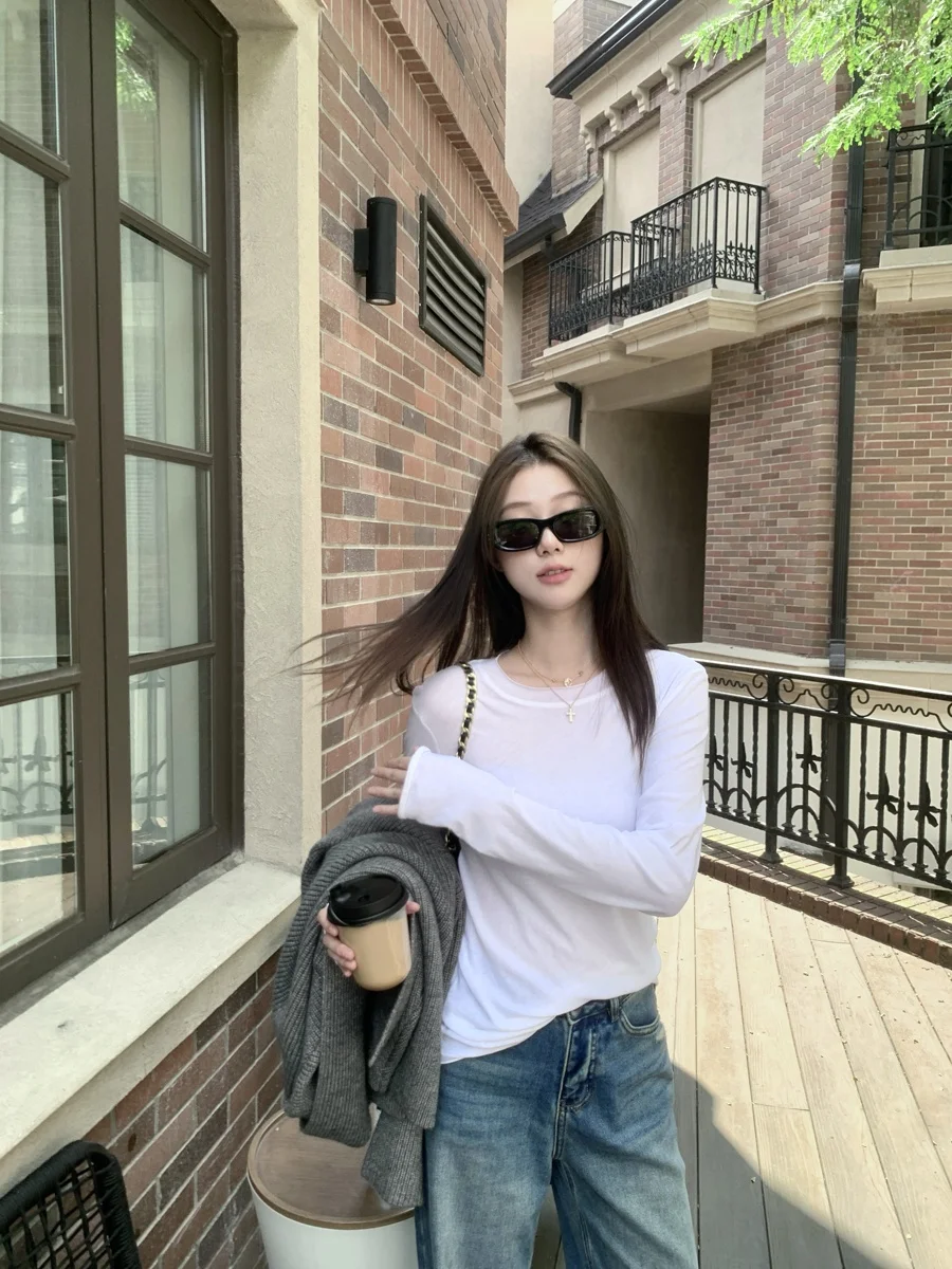 

Slim Fit Pure Cotton Long Sve round Ne T-irt Women's Casual Sle Base Layer Top for Autumn 2025 Morro Brand