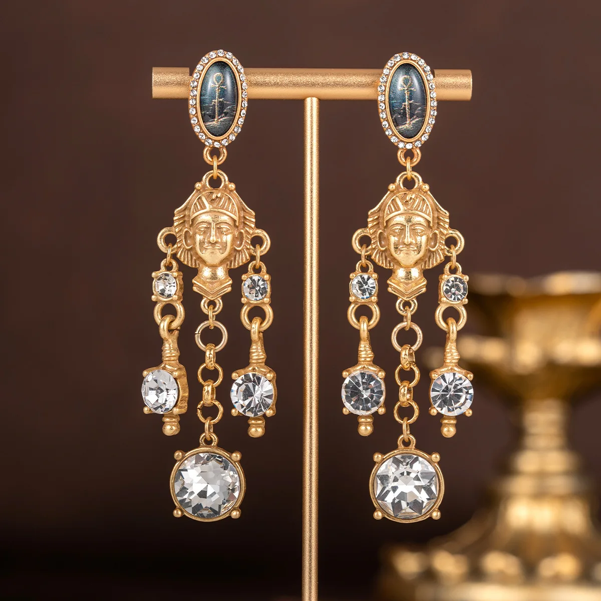 vintage Portrait diamond-encrusted tassel stud earrings personality versatile tassel  earrings for women