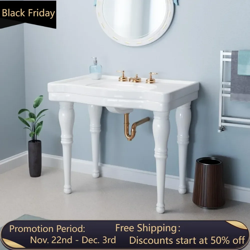 Console Sink 35.5 in. White Bathroom Console Sinks with 4 Porcelain Legs and 8 in Widespread