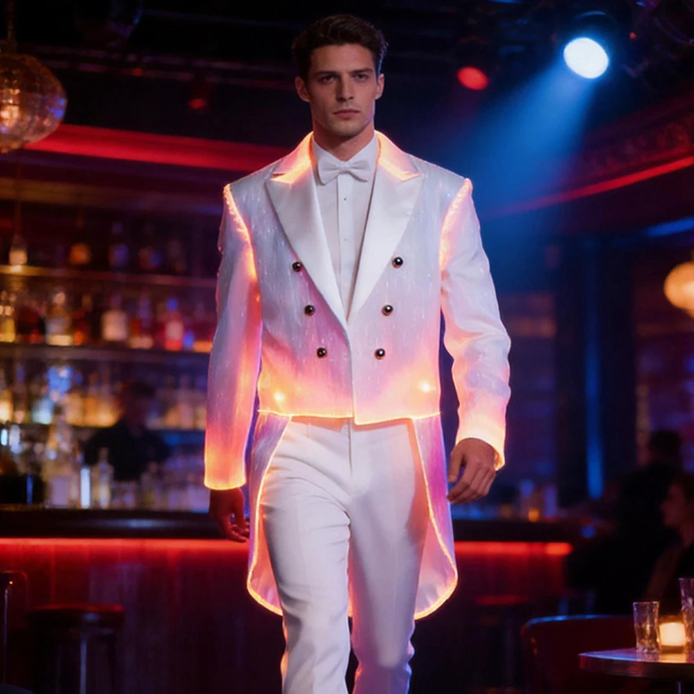 

LED Fiber Optic Tailcoat Jacket Light Up Tuxedo for Men 5V Battery Powered Color Changing Glowing Blazer for Festival Party Stag