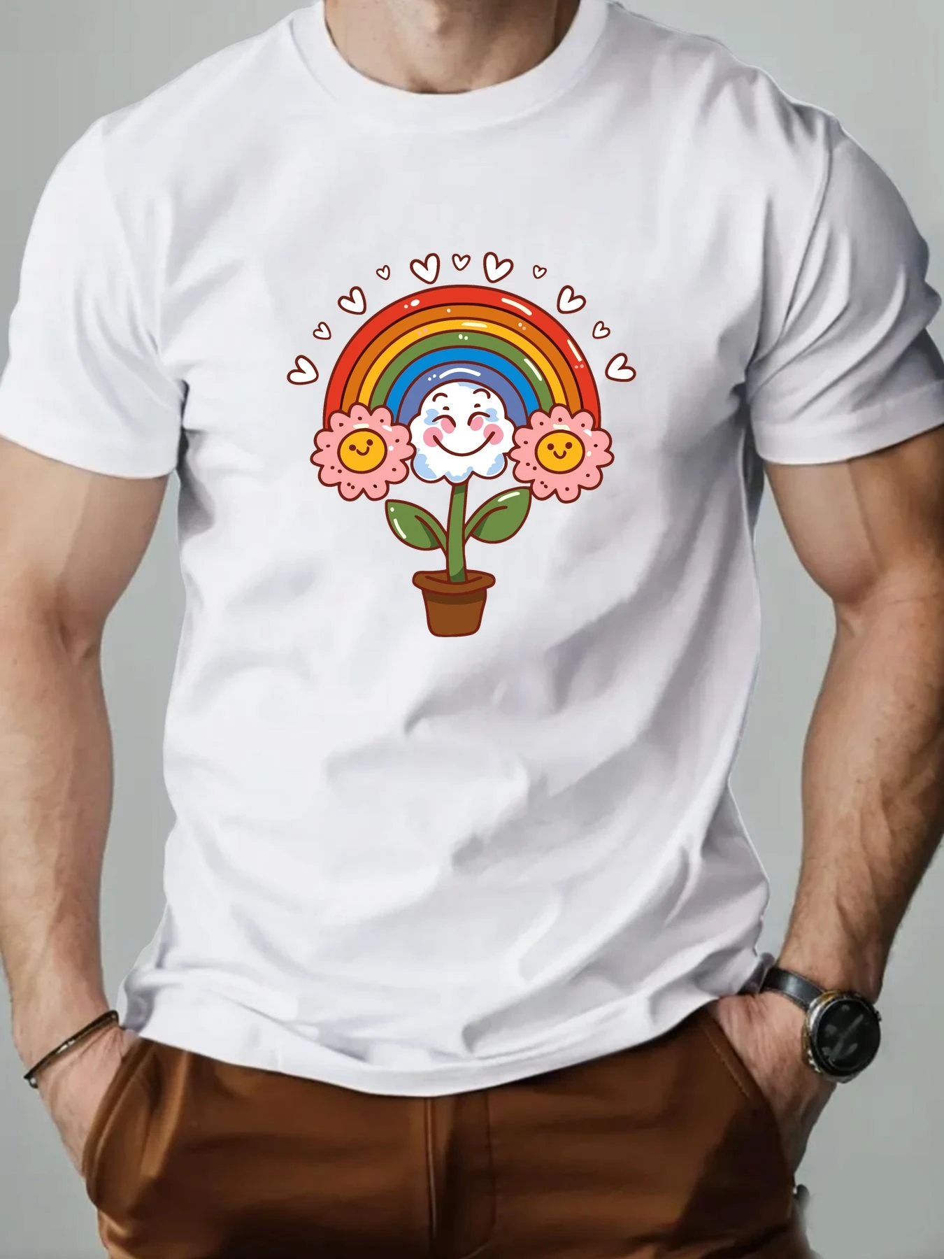 

Men's T-shirt Rainbow flowers Pattern Printed Fashion Leisure Sports Men's Round Neck T-shirt High Quality Men's Summer Clothing