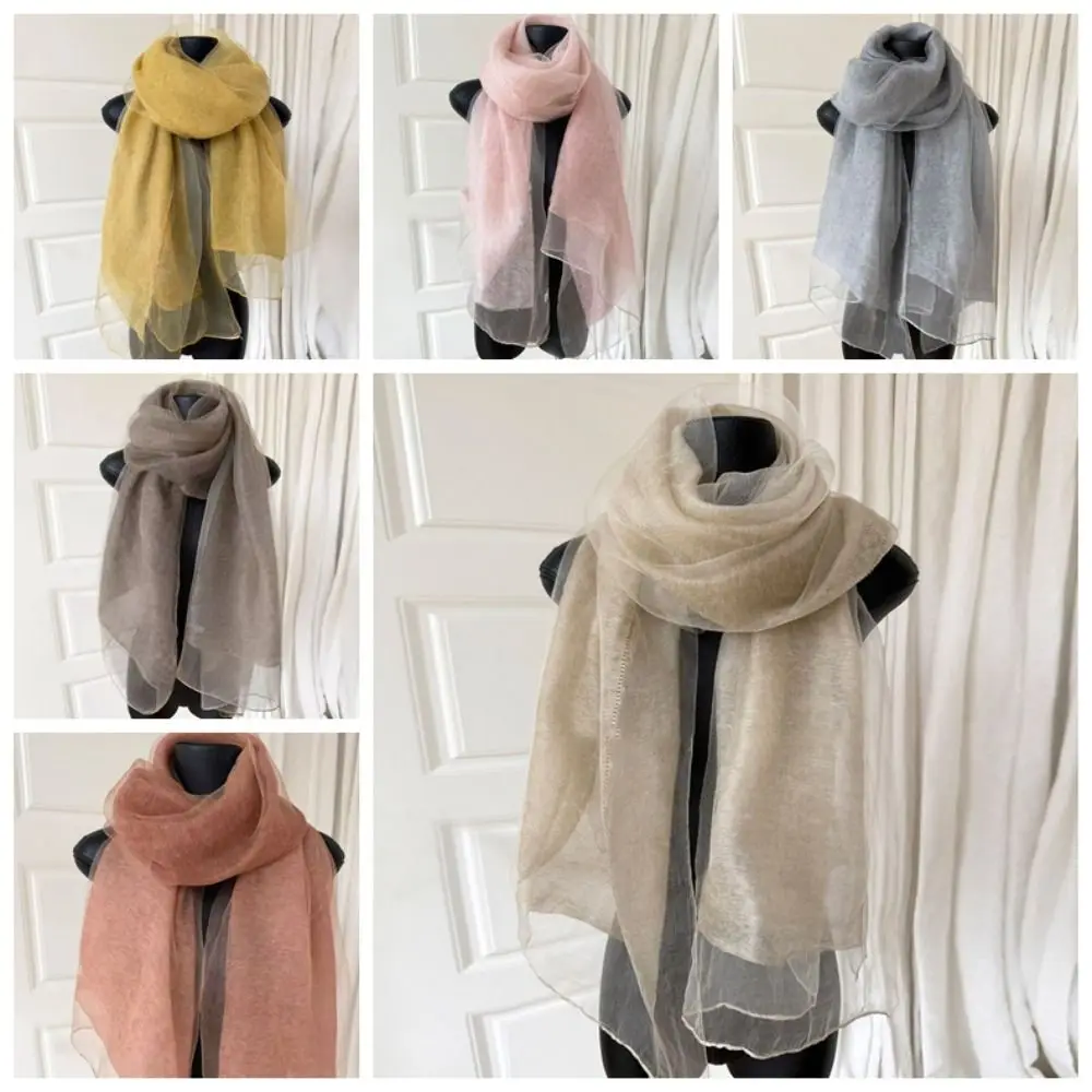 New Silk Blend Women's Scarf Double Layer Thin Silk Scarf Solid Color Long Fashion Shawl Spring Autumn Outfit