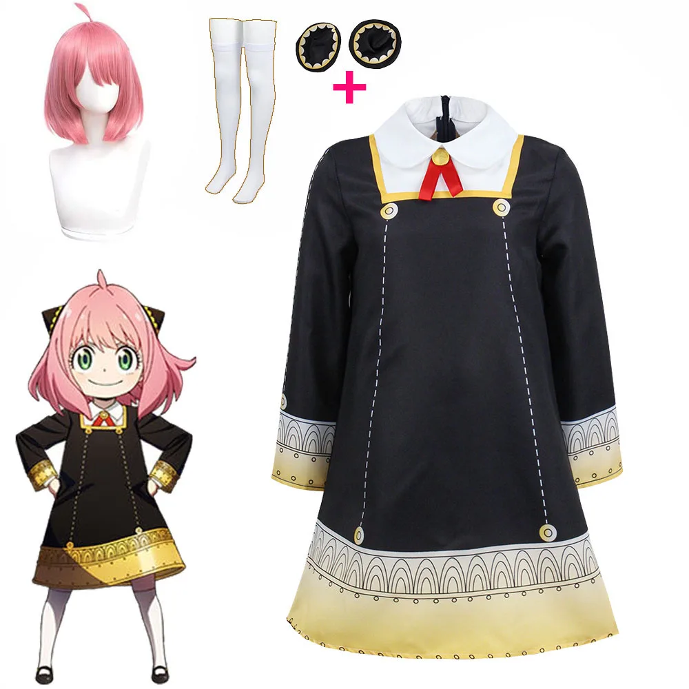 

Adults Anya Forger Cosplay Costume Anime Spy x Family Black Dress Cute Girls Woman Dress Pink Wig Carnival Role Play Outfit