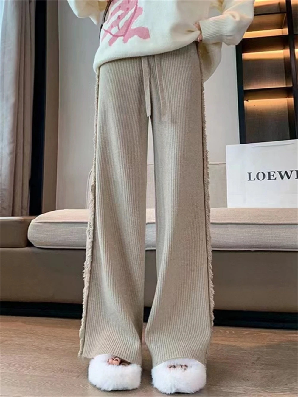 

Autumn Women's Pants Knitted Side Fringe High Waist Loose Slim Comfortable Solid Color Ladies Wide Leg Straight Pants