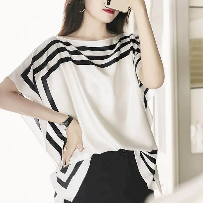 Simulation T-shirt Women 2025 Summer New Tops Korean Style Loose Casual Shirt Two-piece Striped Printed Top Aesthetic Clothes