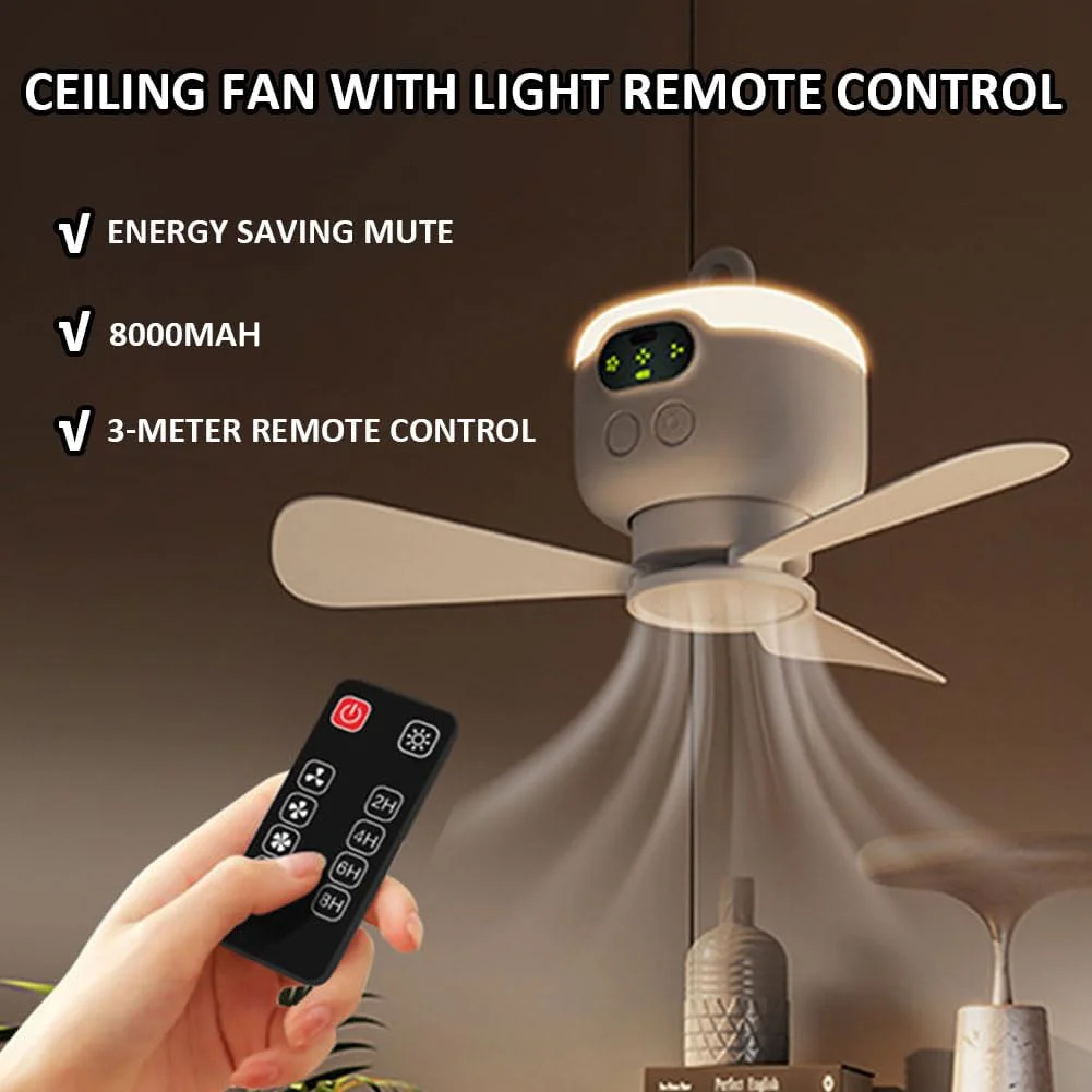 8000mAh Tragbarer Deckenventilator, Outdoor-Campingventilator, Zelt-Luftzirkulator, wiederaufladbarer elektrischer Ventilator mit Fernbedienung und LED-Licht – Detail 2