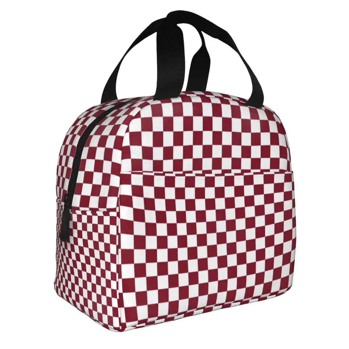 White And Burgundy Red Checkerboard Plaid Lunch Bag Men Women Cooler Warm Insulated Lunch Boxes for Office