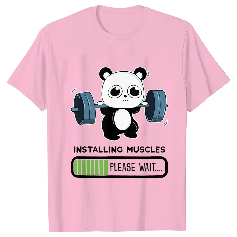 Funny Panda Gym Print T-Shirt Summer Tees for Women O-neck Casual Short Sleeve Weightlifting Installing Muscles Summer Tee Tops