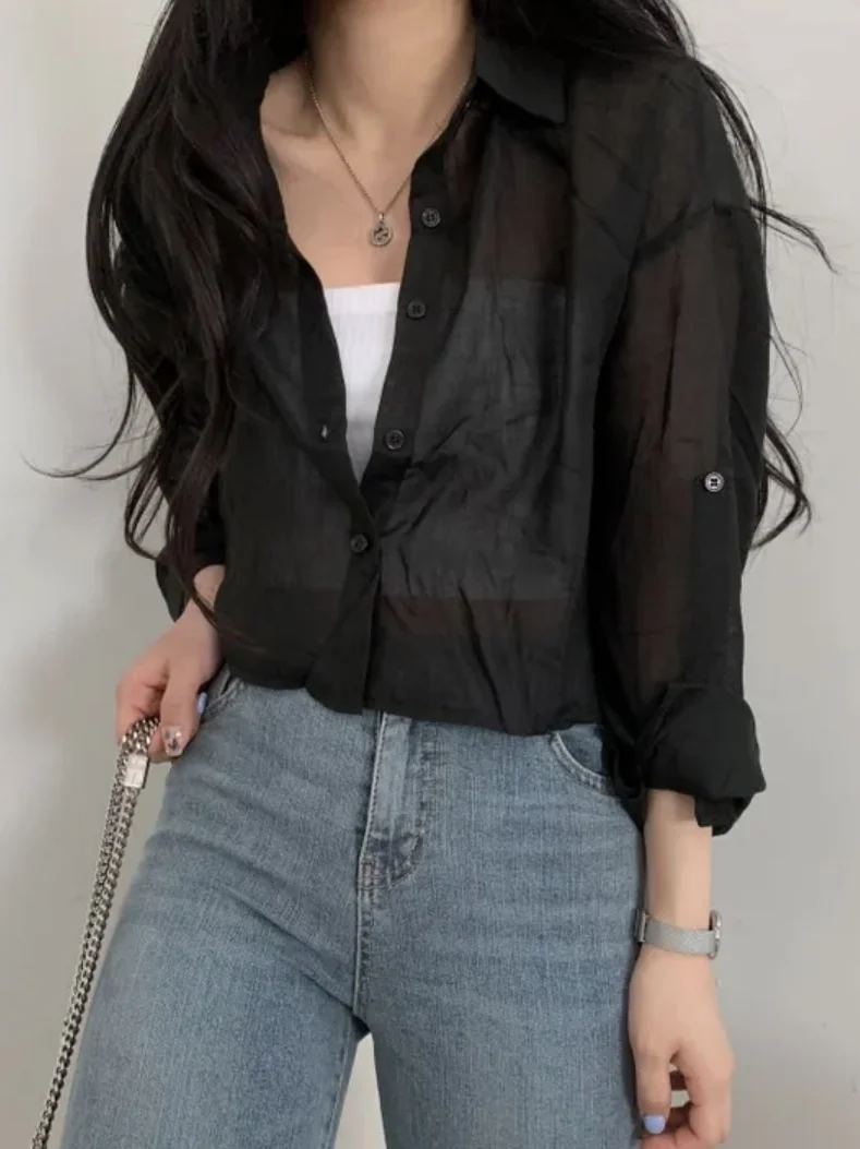 

White Loose Long Sve irt Women's Summer Thin Design Sense Open Cardigan Transparent Korean Sle Office Commute irt