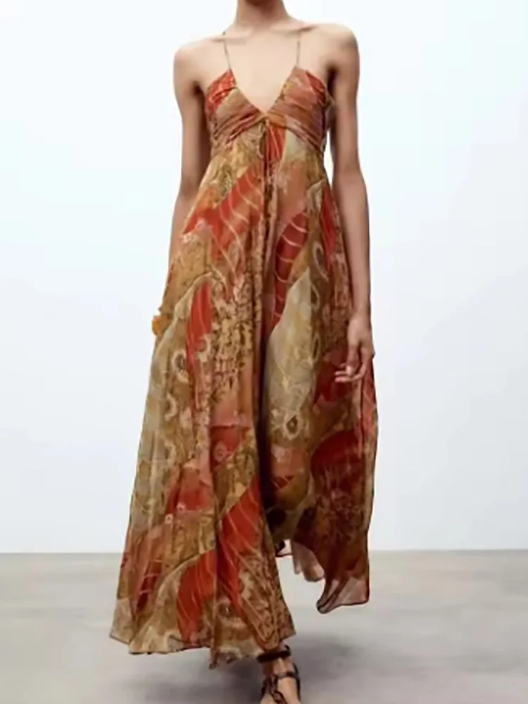 패션 로우컷 V넥 비치 롱 드레스 서스펜더 여름 패턴 프린트 여성 드레스 백리스 홀터넥 플리츠 보헤미안 드레스