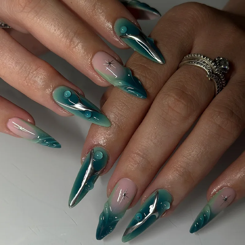 24 Uds. De uñas postizas simples de color verde oscuro, largas, 3D, con prensa en almendra, uñas terminadas, arte de uñas