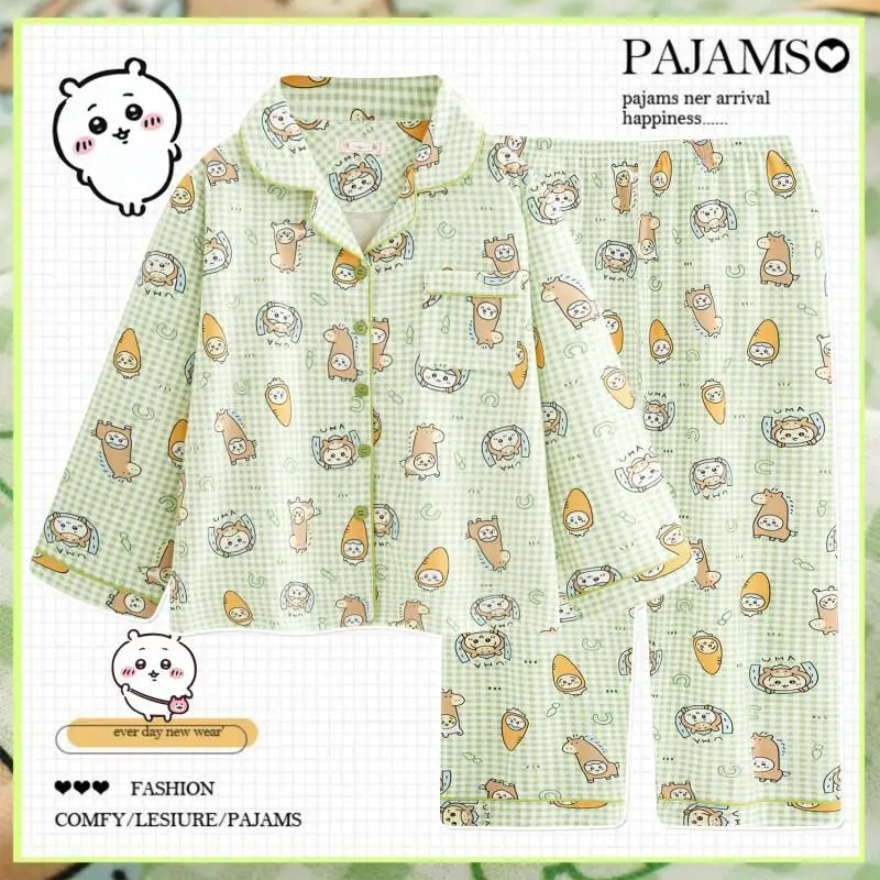 Anime Chiikawa Women's Pajamas Cartoon Usagi Nightwear Hachiware Long Sleeved Long Pants Homewear Pure Cotton Home Clothes Set
