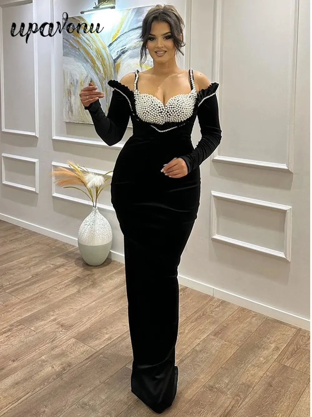 2024 Frauen Abend party Schwerindustrie Perle dekorative Kleid Spaghetti träger Schulter Langarm Bodycon lange Bandage Kleid