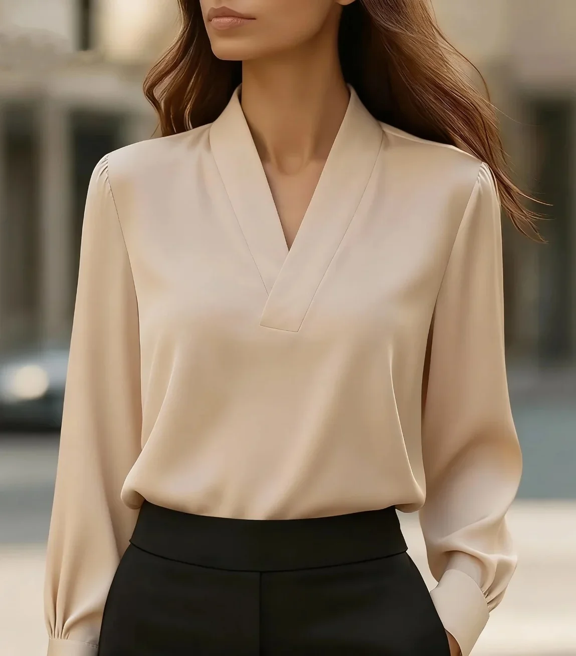 Autumn New Women Elegant V-Neck Long Sleeve Blouse Soft Satin Office Chic Female Tops