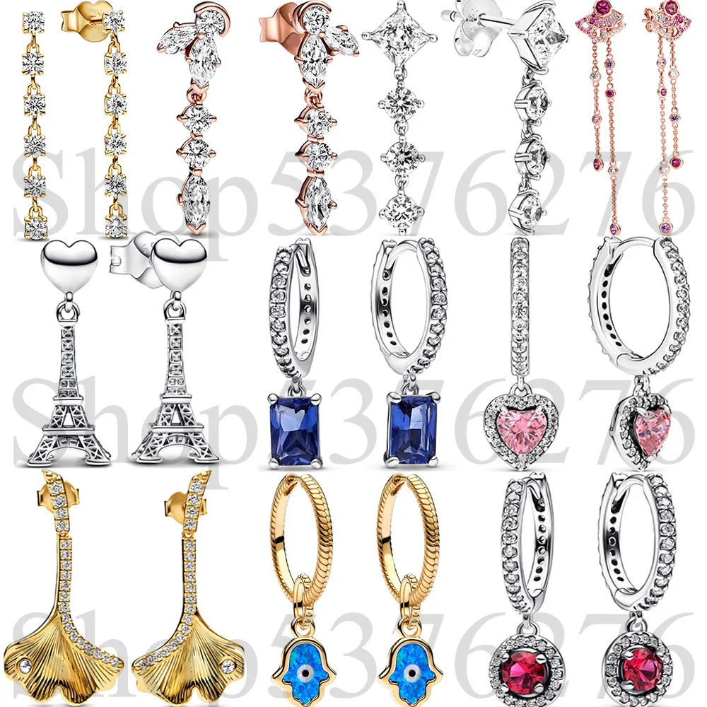 925 Sterling Silver Tour Paris Eiffel Tower Hamsa Hand Moments Halo Heart Fashion Drop Hoop Earrings For Women Gift DIY Jewelry