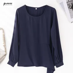 NAVIU Navy Blue Shirt Women New Spring Autumn Elegant Temperament O Neck Casual Chiffon Blouses Office Ladies Wrok Tops White