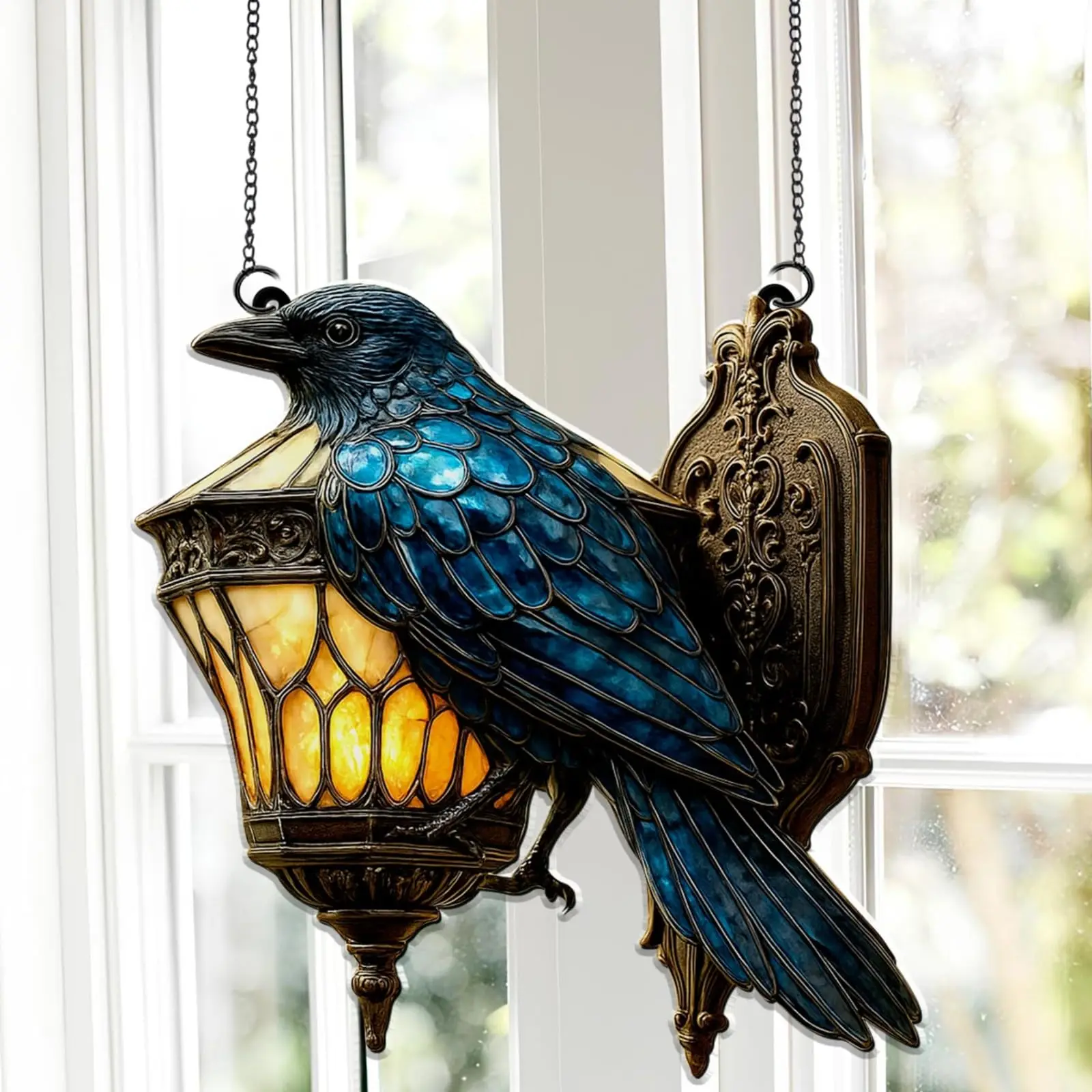 

Sun Catcher Gothic Raven On Lantern Decor Acrylic Sun Catcher Faux Stained Glass Window Hanging Halloween Home Party Decoration