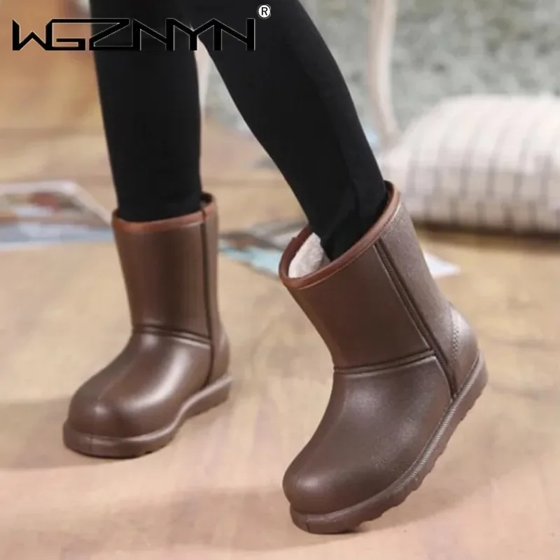 2025 frauen Wildleder Wasserdichte Regen Stiefel Frauen Winter Warme Waschen Auto Küche Gummi Plattform Schnee Stiefel EVA Komfort Baumwolle Schuhe
