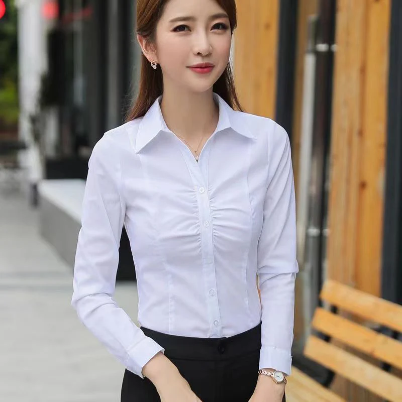 

Модные рубашки со складками с отложным воротником, женские осенние облегающие однотонные белые рубашки с внутренней частью на пуговицах, шикарный дизайн, универсальные топы с длинными рукавами