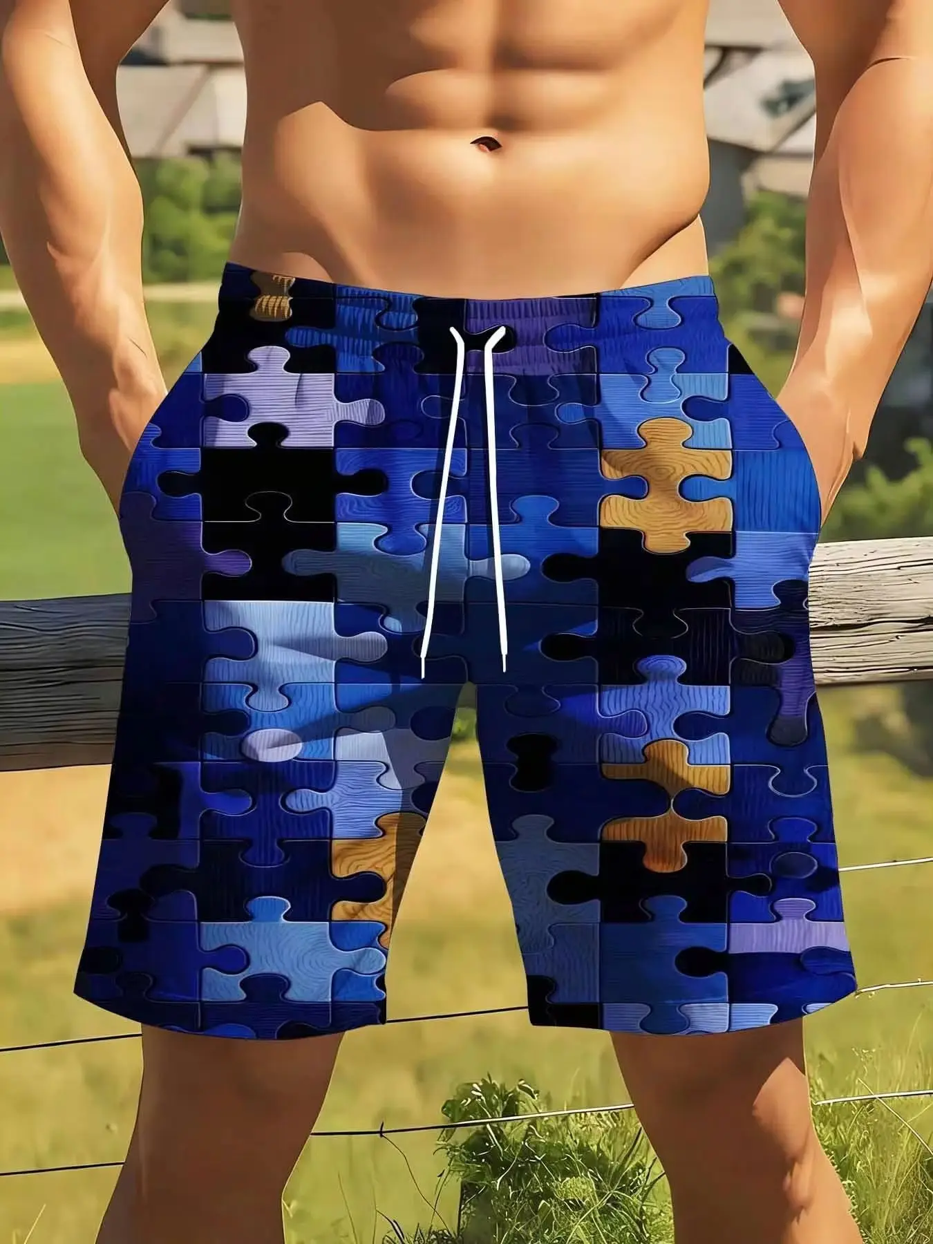 Puzzle Pattern Beach Swim Shorts for Men