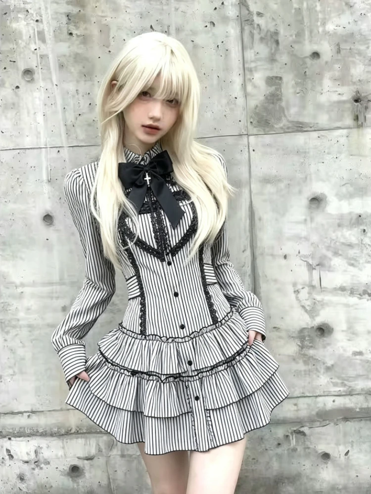 Vintage Gothic Striped Midi Dress Women Y2K Slim Fit Black Lace Punk Streetwear Elegant Night Out Party Chic Casual Outfit