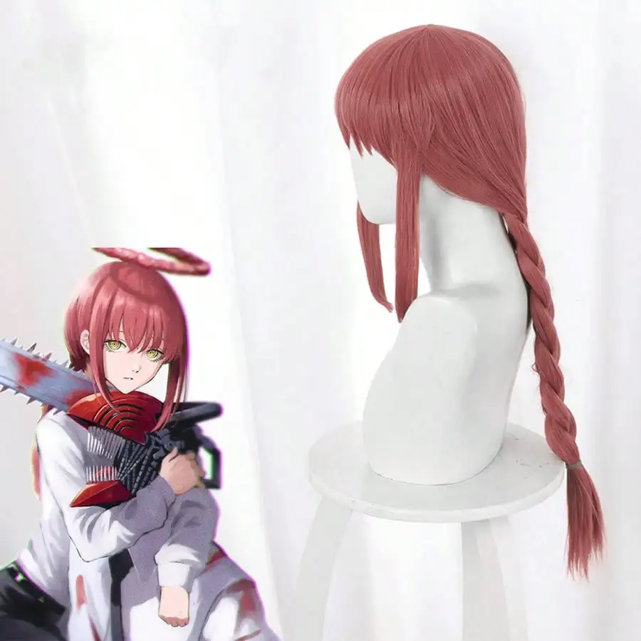 Long Dark Pink Makima Wig Synthetic Anime Cosplay Wigs With One Braid Heat Resistant Cosplay Synthetic Wigs Halloween Party image 3