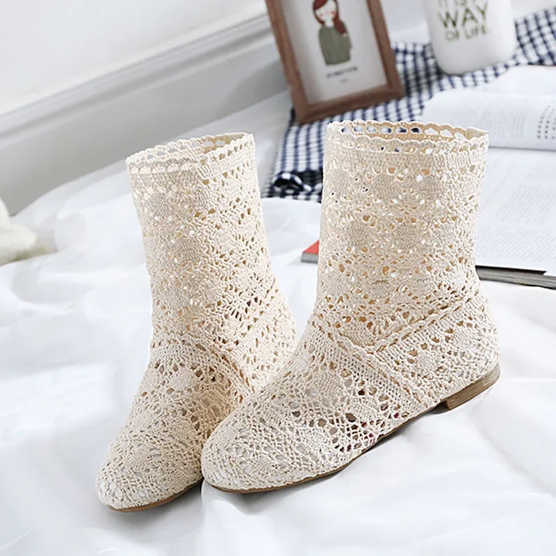 Summer Shoes Breathable Mesh Summer Boots Women Flat Heel Ankle Botas Womens Boots Fashion Cut-Outs Brand ZH262